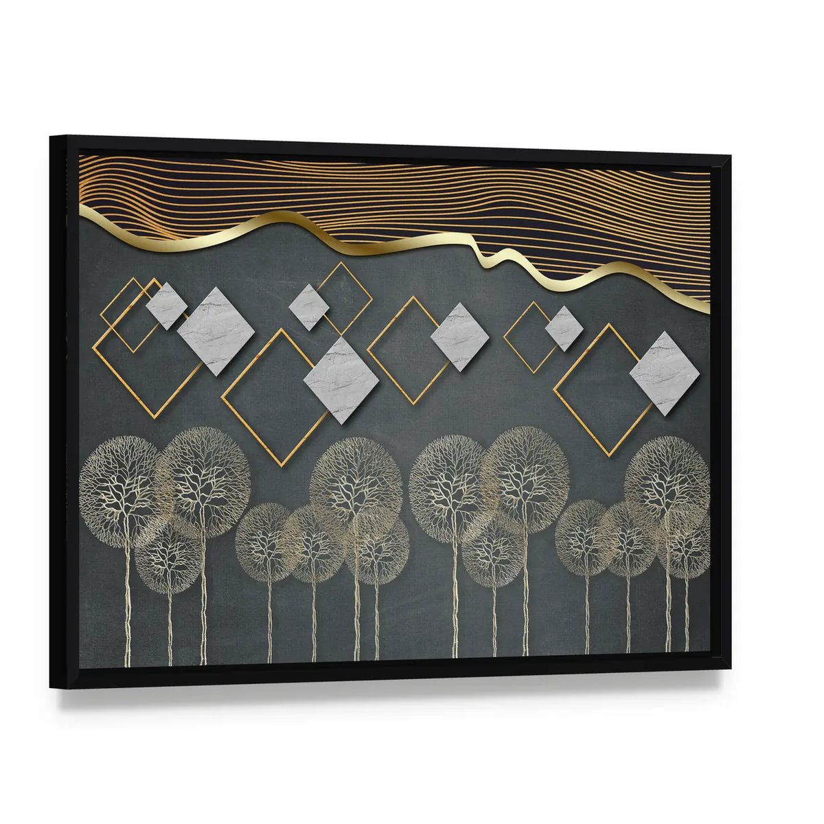 Geometric Trees with Gold Wave and Marble Diamonds Canvas Wall Art, framed canvas in a black floater frame, angled product view