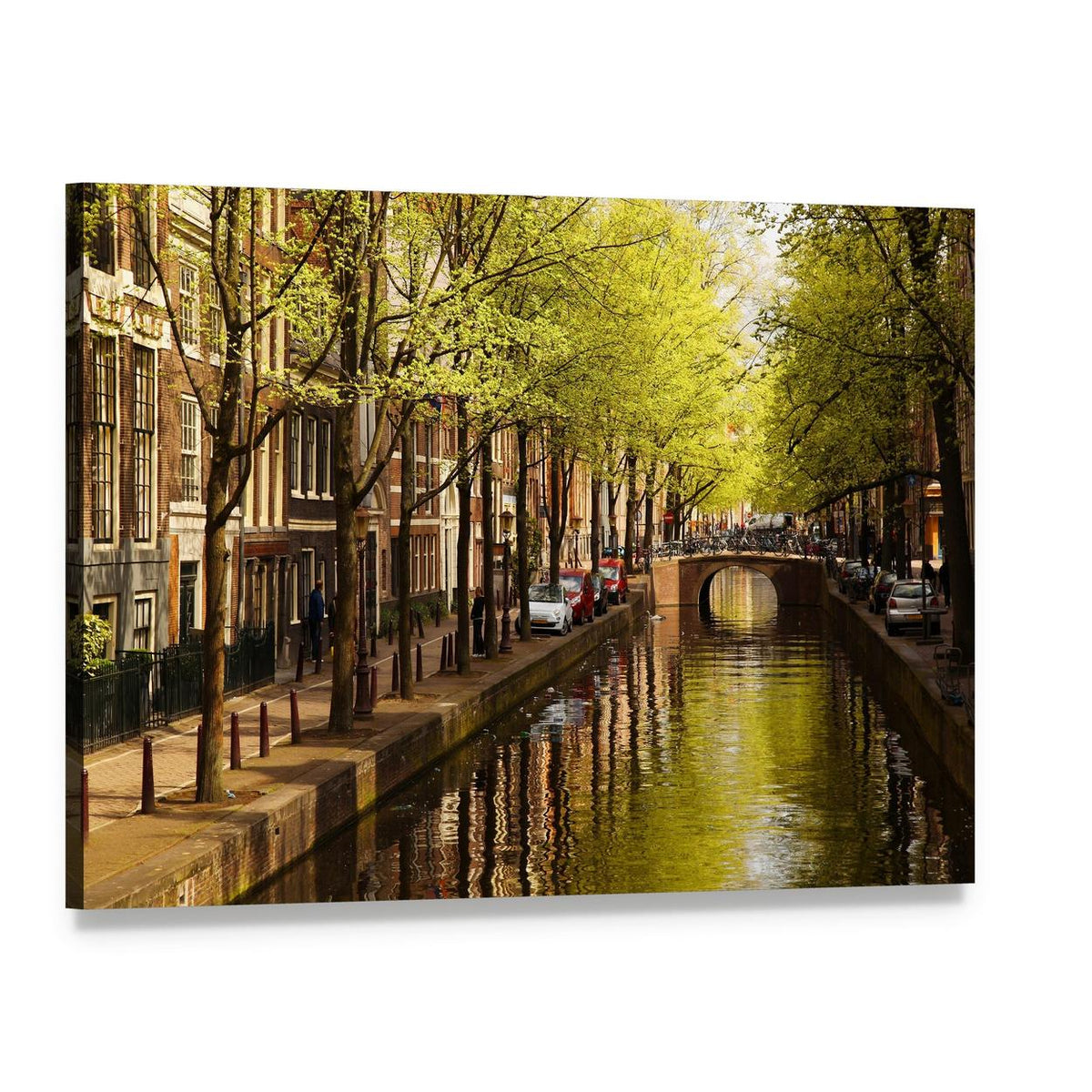 Amsterdam Canal with Blooming Trees Canvas Wall Art, single panel gallery wrapped canvas, angled product view