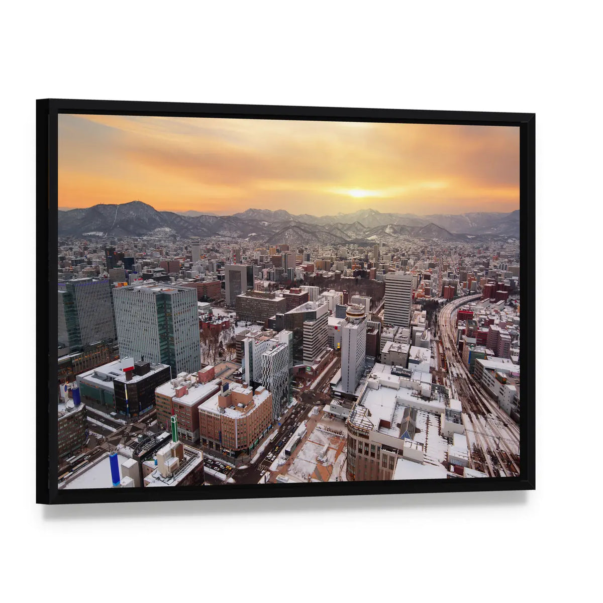 Sapporo Downtown Skyline In Hokkaido Japan Canvas Wall Art, framed canvas in a black floater frame, angled product view