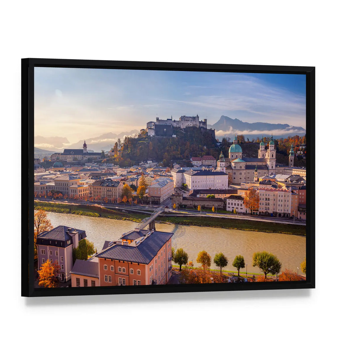 Salzburg Cityscape In Austria Canvas Wall Art, framed canvas in a black floater frame, angled product view