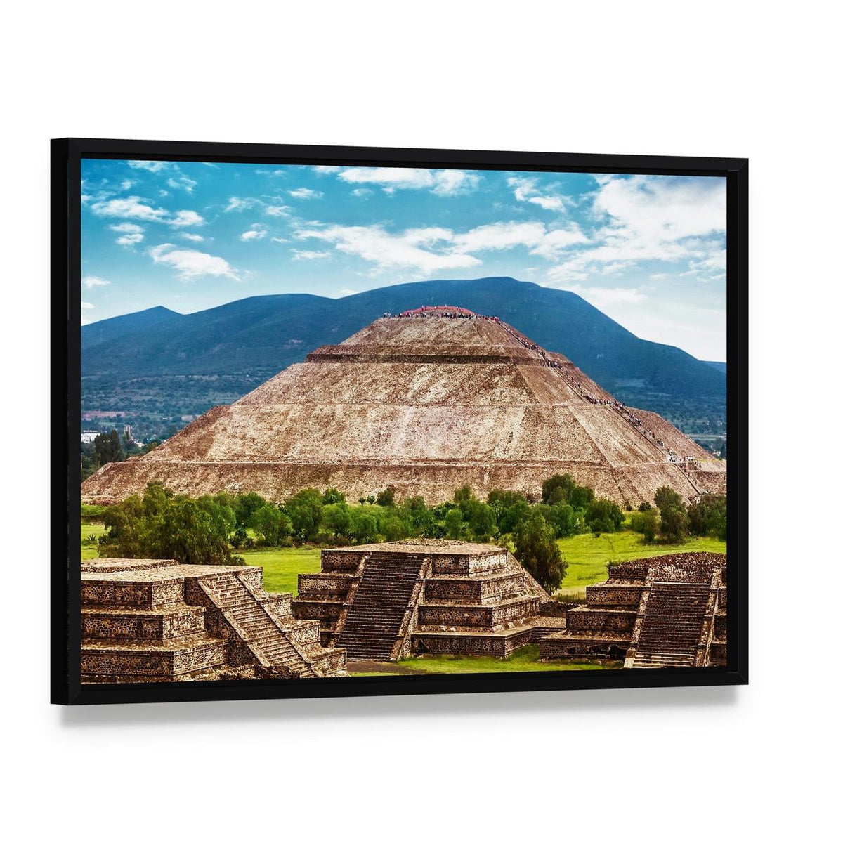 Pyramid of the Sun and Moon, Teotihuacan Canvas Wall Art, framed canvas in a black floater frame, angled product view