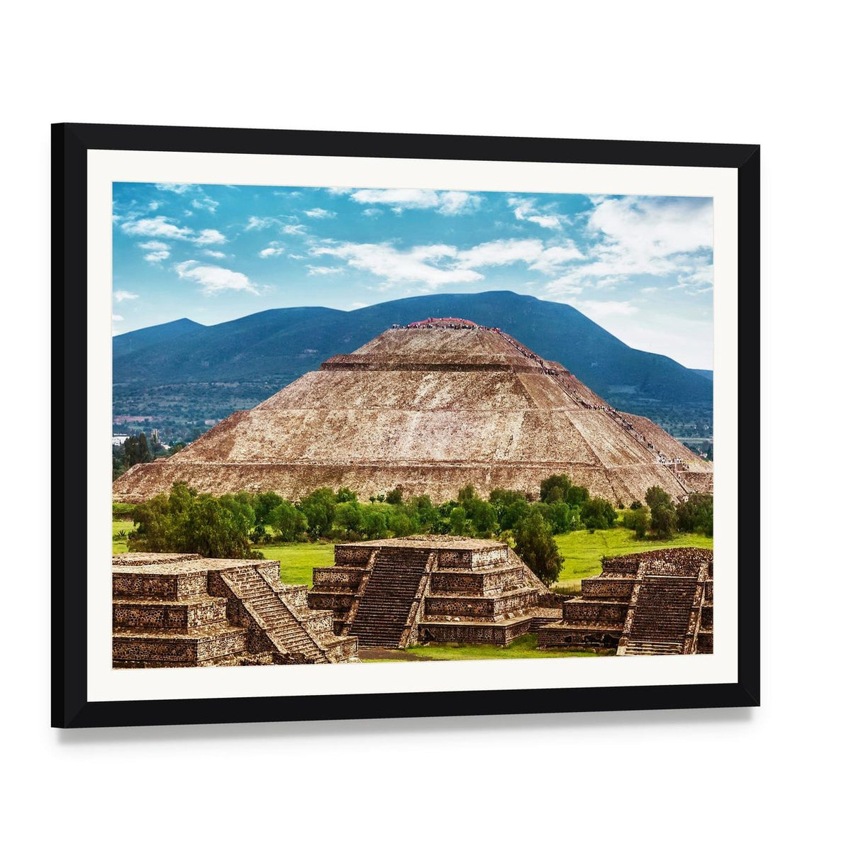 Pyramid of the Sun and Moon, Teotihuacan Canvas Wall Art, framed print with white mat and black frame, angled product view