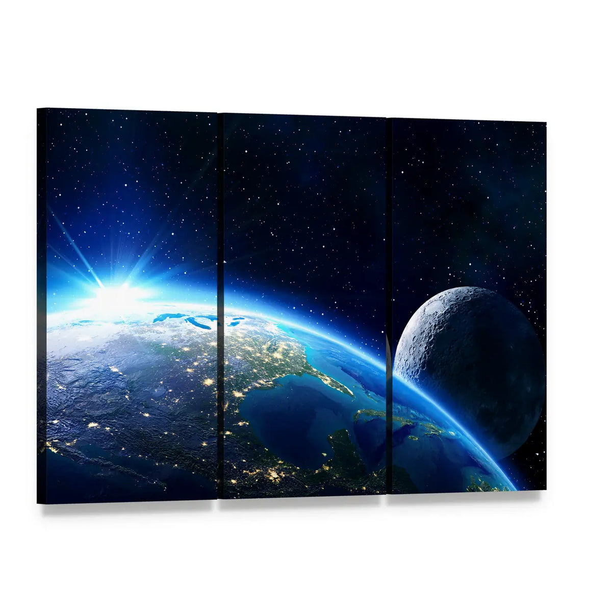 Blue Planet Earth and Moon Canvas Wall Art, 3 panel 3 Horizontal layout gallery wrapped canvas set, angled product view