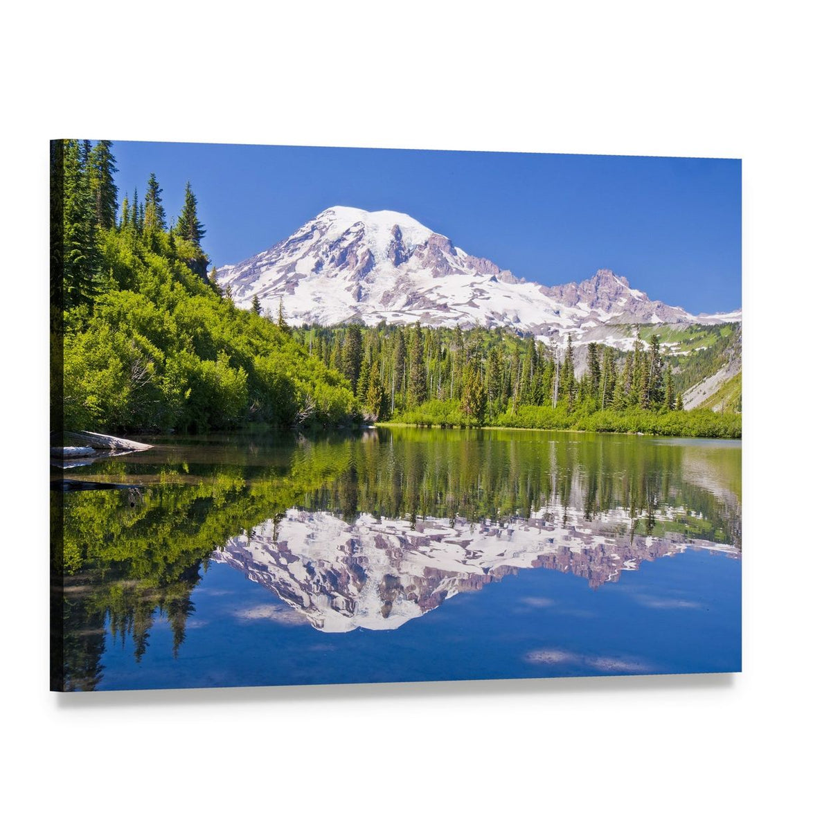 Bench Lake Reflection of Mt Rainier Canvas Wall Art, single panel gallery wrapped canvas, angled product view