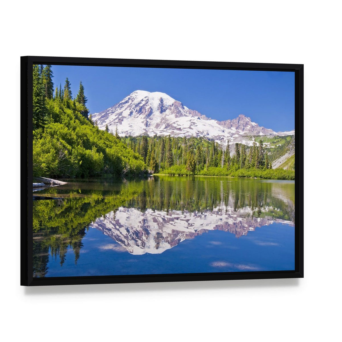 Bench Lake Reflection of Mt Rainier Canvas Wall Art, framed canvas in a black floater frame, angled product view