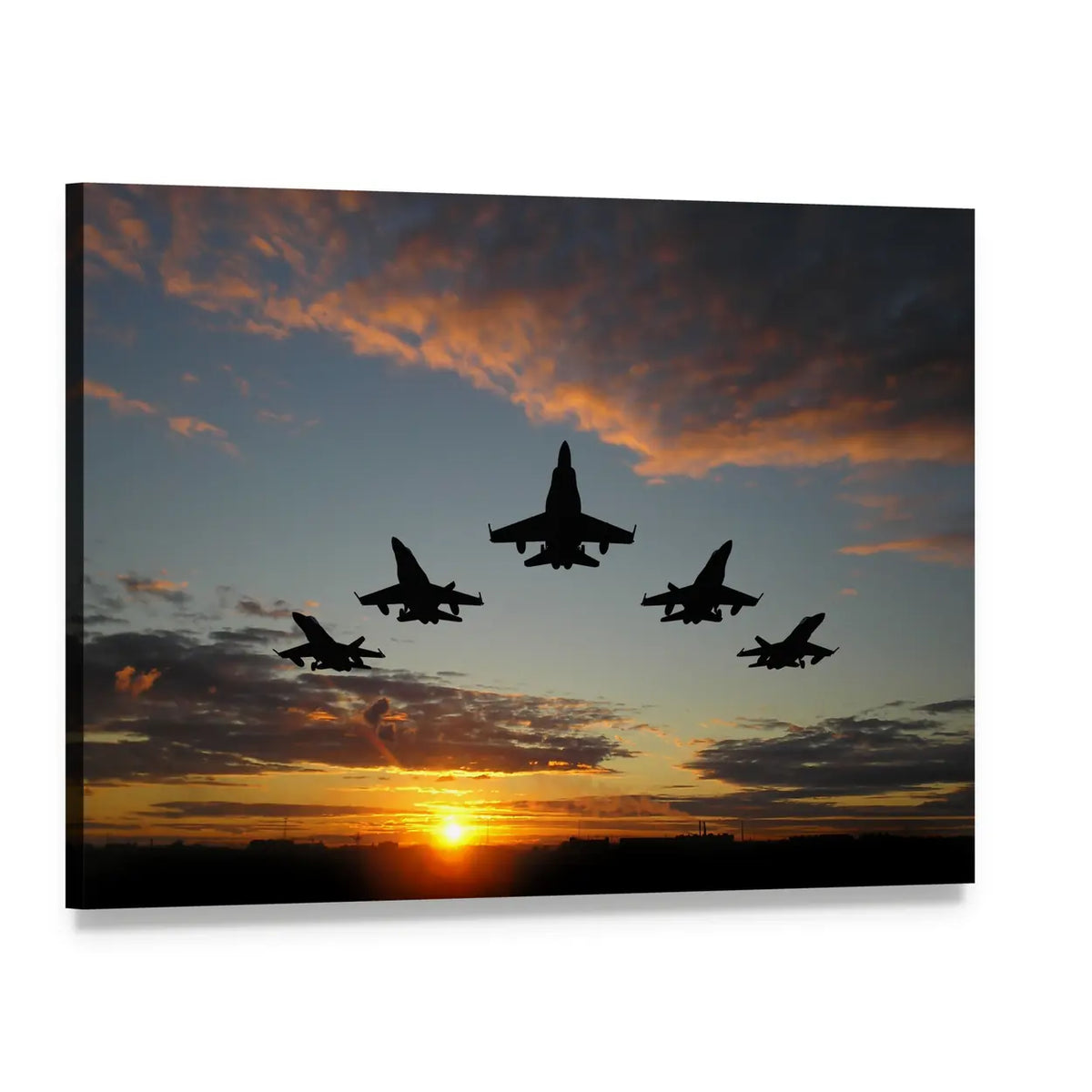 Five Jets Over Orange Sunset Canvas Wall Art, single panel gallery wrapped canvas, angled product view