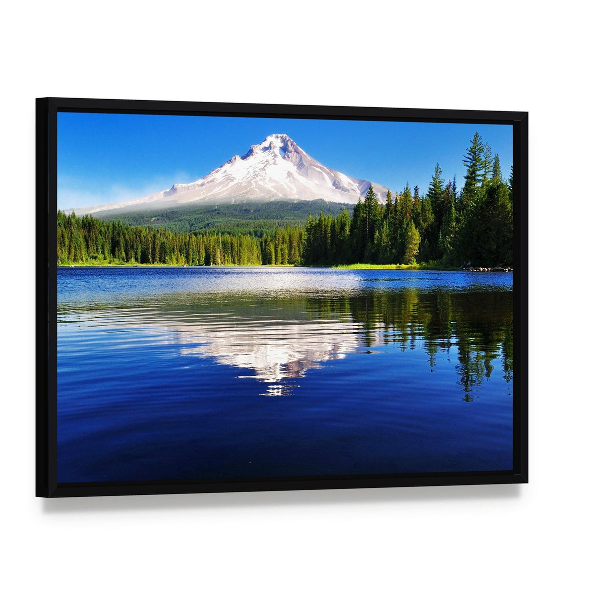 Mount Hood from Lake Canvas Wall Art, framed canvas in a black floater frame, angled product view