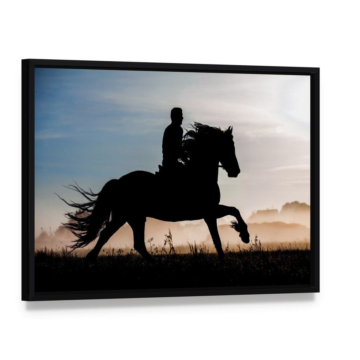Silhouette of Horse and Rider in Sunset Canvas Wall Art, framed canvas in a black floater frame, angled product view