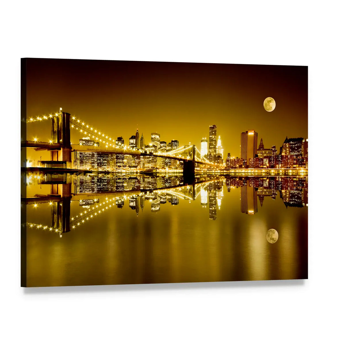 Moonlit Brooklyn Bridge and Lower Manhattan Canvas Wall Art, single panel gallery wrapped canvas, angled product view