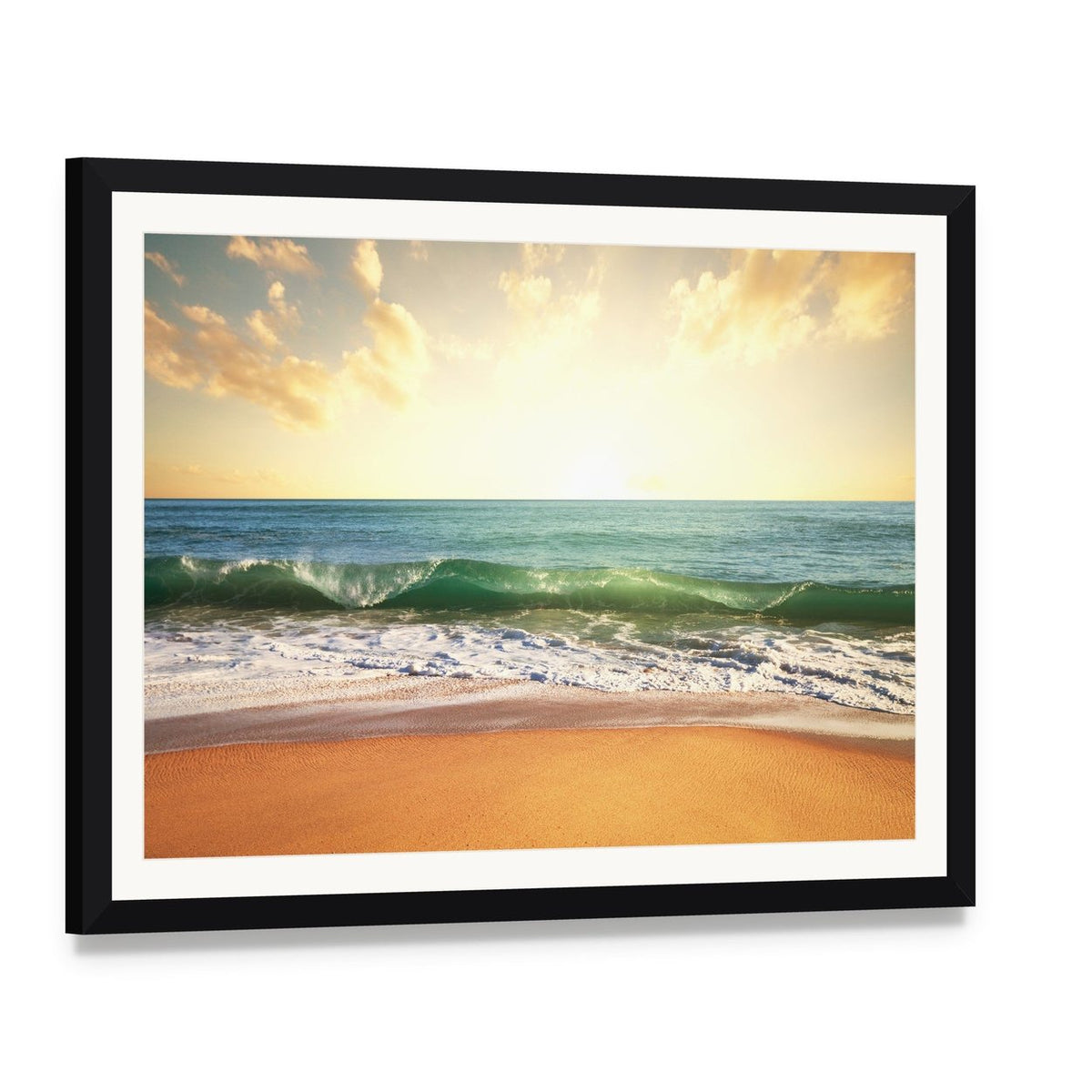 Beach with Smooth Ocean Canvas Wall Art, framed print with white mat and black frame, angled product view
