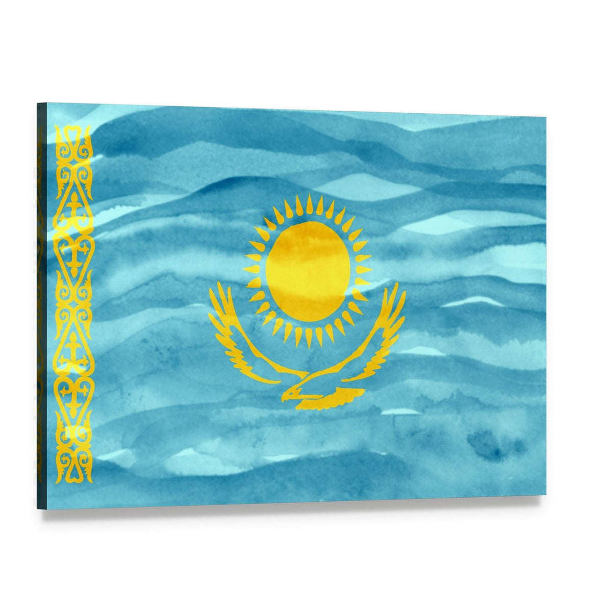 Kazakhstan Flag with Sun and Golden Eagle Canvas Wall Art, single panel gallery wrapped canvas, angled product view