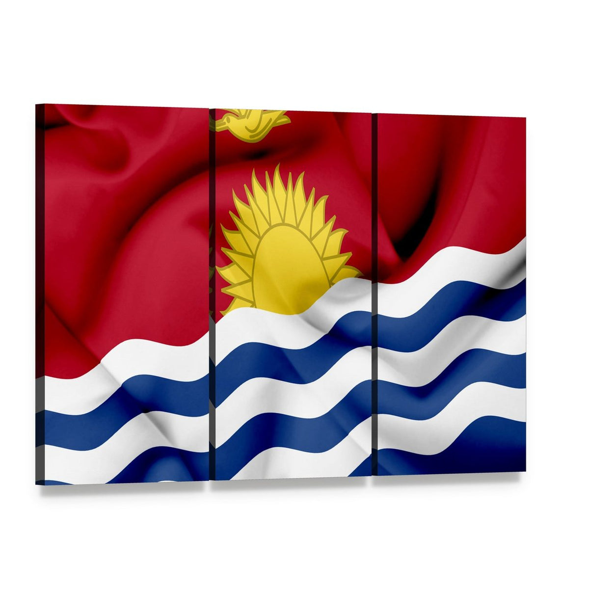 Waving Kiribati Flag Canvas Wall Art, 3 panel 3 Horizontal layout gallery wrapped canvas set, angled product view