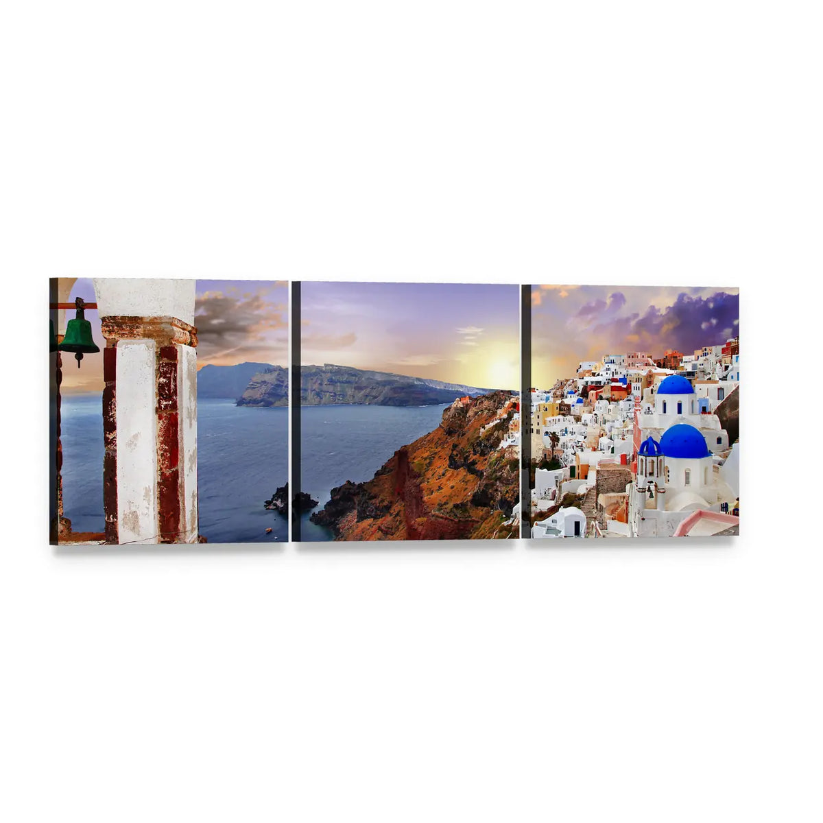 Santorini at Sunset Panoramic Canvas Wall Art, 3 panel 3 Piece layout gallery wrapped canvas set, angled product view