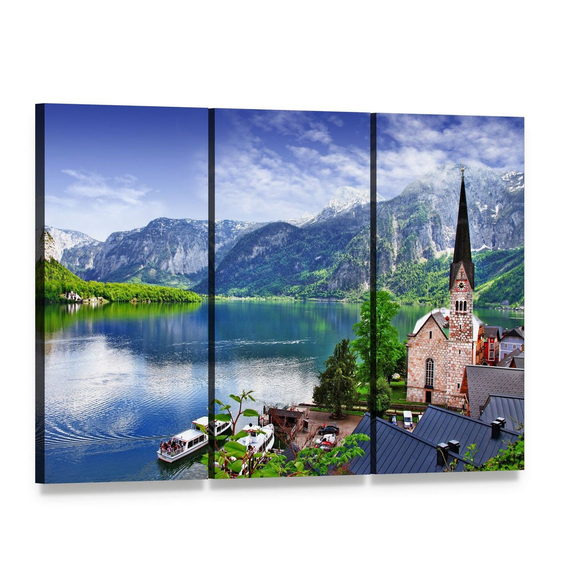 Serene Hallstatt Lake and Mountain View Canvas Wall Art, 3 panel 3 Horizontal layout gallery wrapped canvas set, angled product view