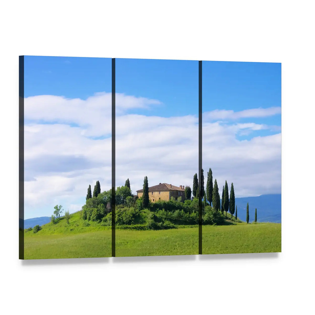 Tuscany Villa with Cypress Trees Canvas Wall Art, 3 panel 3 Horizontal layout gallery wrapped canvas set, angled product view