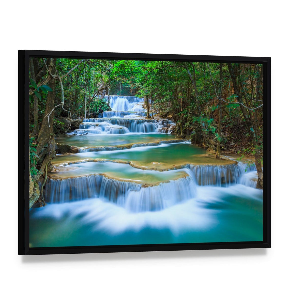 Forest Waterfall Kanchanaburi Canvas Wall Art, framed canvas in a black floater frame, angled product view
