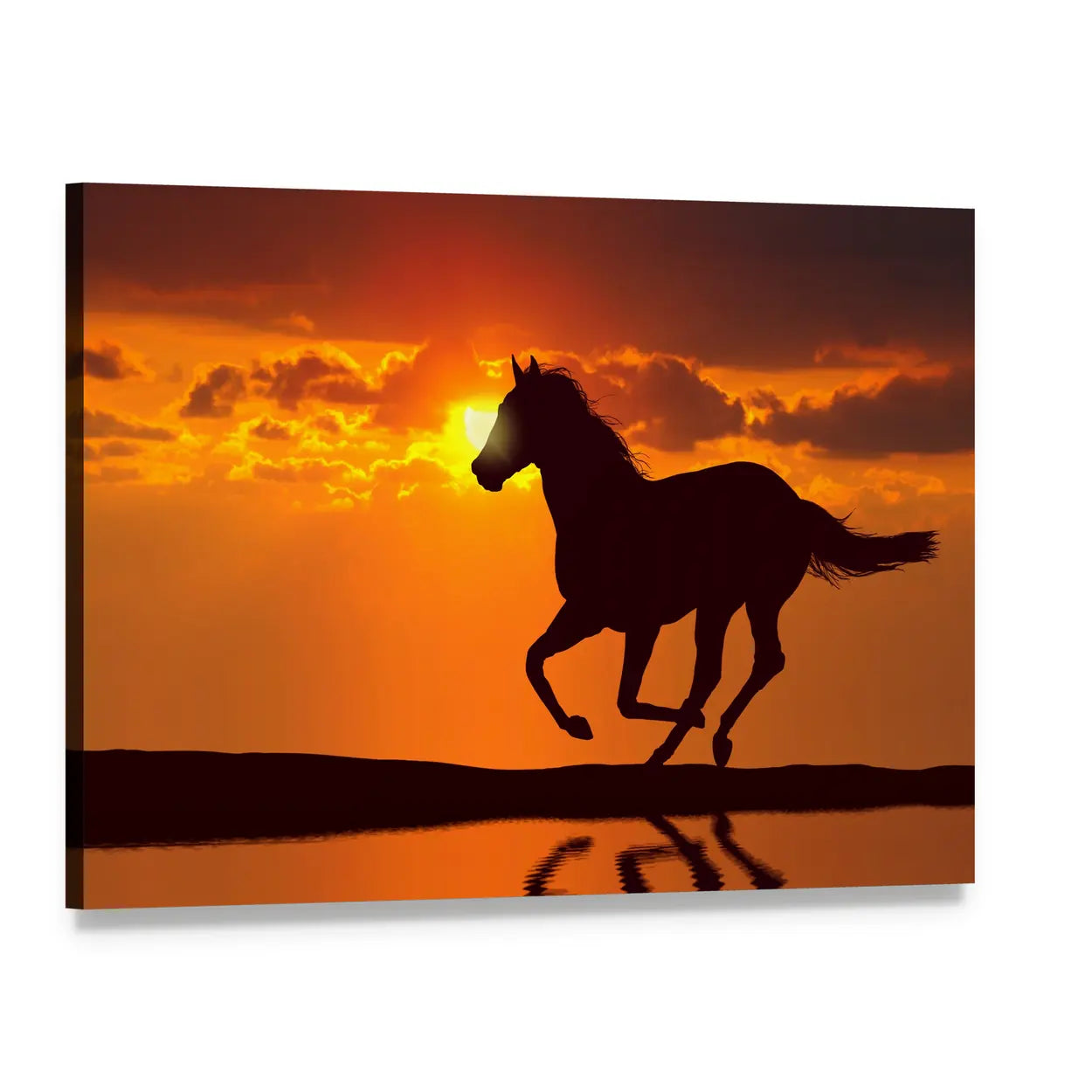 Galloping Horse Silhouette at Sunset Canvas Wall Art, single panel gallery wrapped canvas, angled product view