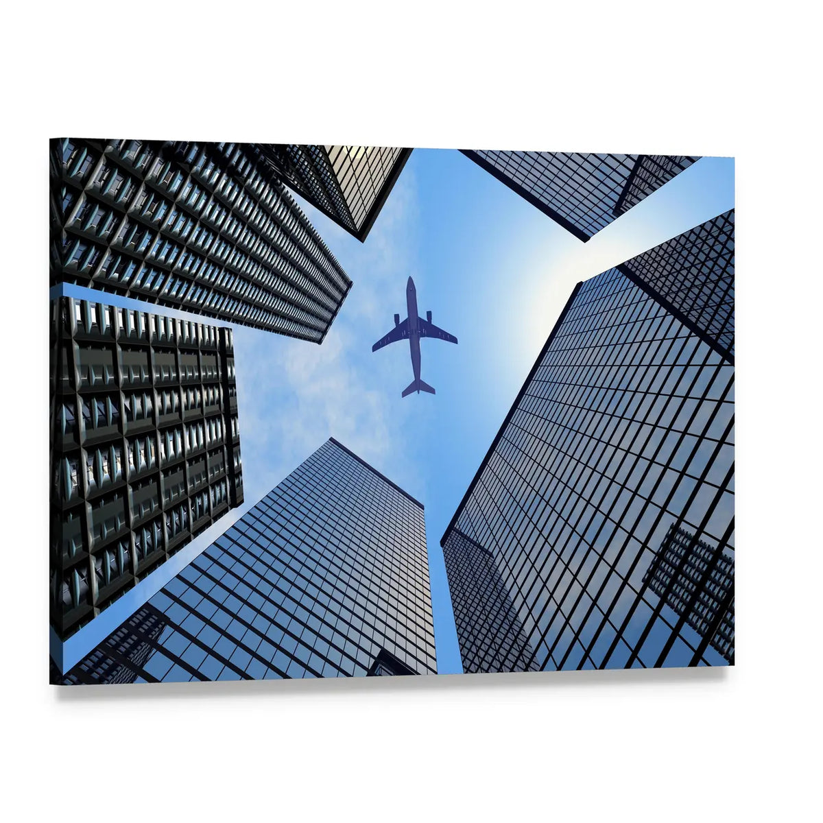 Airplane Above Skyscrapers Canvas Wall Art, single panel gallery wrapped canvas, angled product view