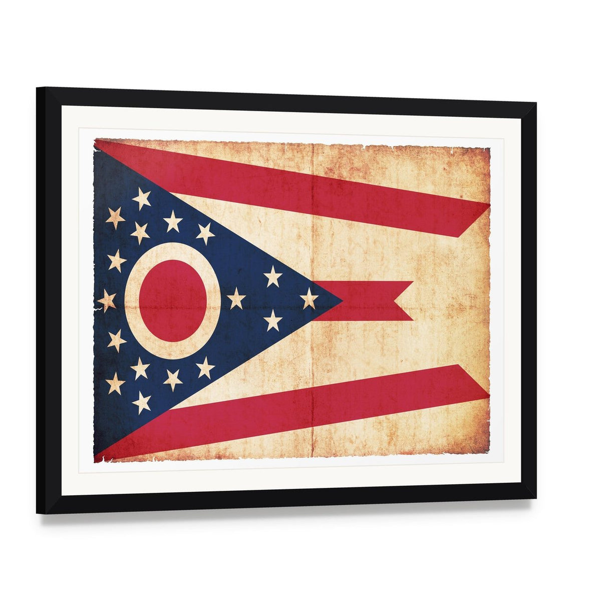 Ohio State Flag Vintage Burgee Canvas Wall Art, framed print with white mat and black frame, angled product view