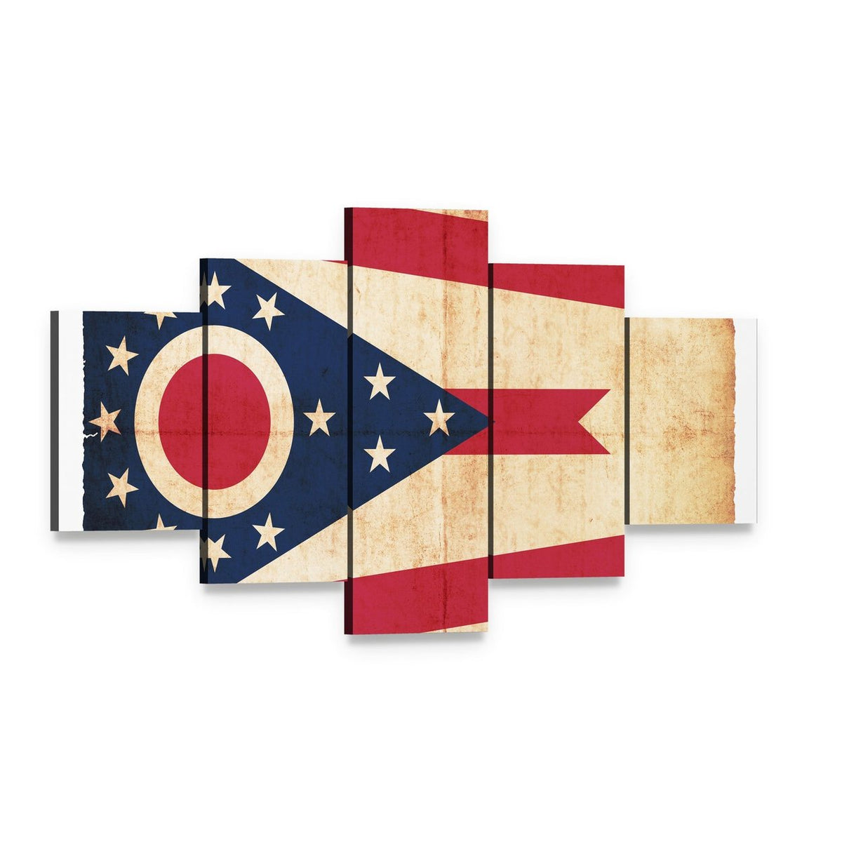 Ohio State Flag Vintage Burgee Canvas Wall Art, 5 panel 5 Star layout gallery wrapped canvas set, angled product view