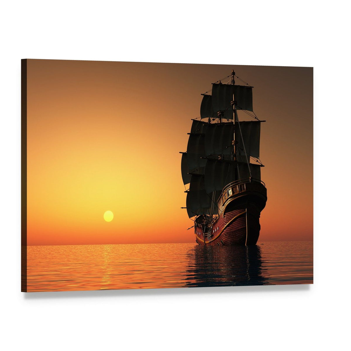 Tall Ship with Black Sails at Sunset Canvas Wall Art, single panel gallery wrapped canvas, angled product view