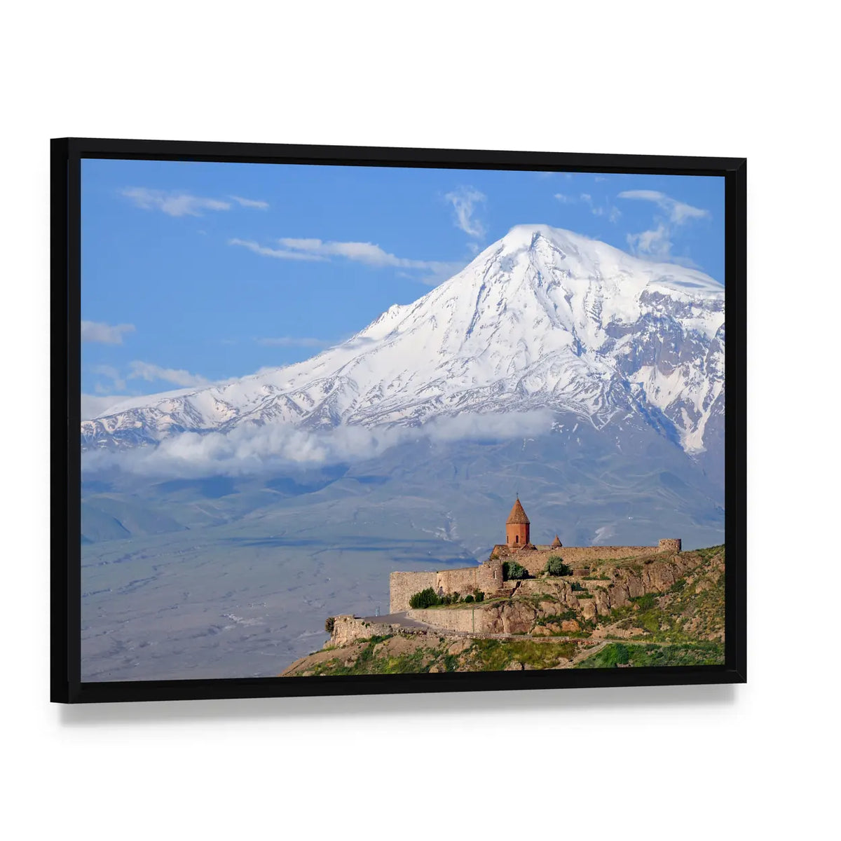 Khor Virap Monastery Canvas Wall Art, framed canvas in a black floater frame, angled product view