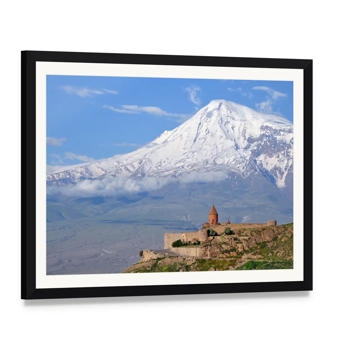 Khor Virap Monastery Canvas Wall Art, framed print with white mat and black frame, angled product view