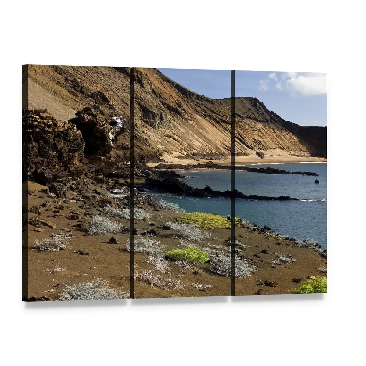 Galapagos Coastal Cliffs and Ocean Canvas Wall Art, 3 panel 3 Horizontal layout gallery wrapped canvas set, angled product view