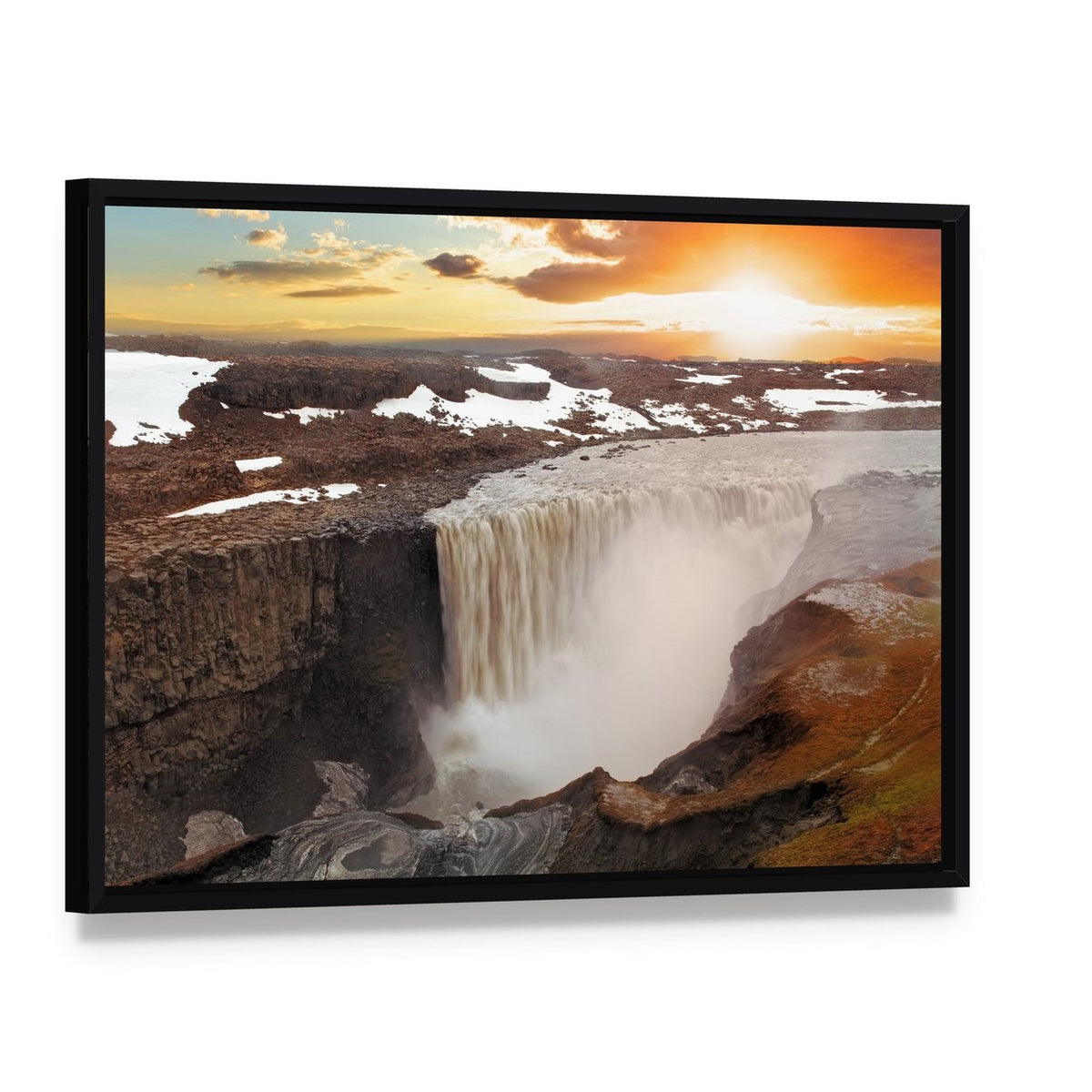 Majestic Dettifoss Waterfall in Iceland Canvas Wall Art, framed canvas in a black floater frame, angled product view