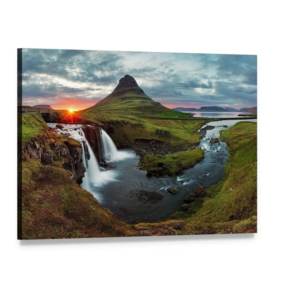 Kirkjufell Mountain and Waterfall at Sunset Canvas Wall Art, single panel gallery wrapped canvas, angled product view