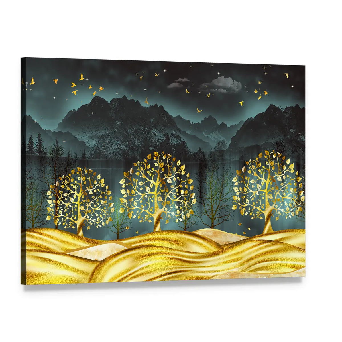 Moonlit Golden Trees Abstract Landscape Canvas Wall Art, single panel gallery wrapped canvas, angled product view