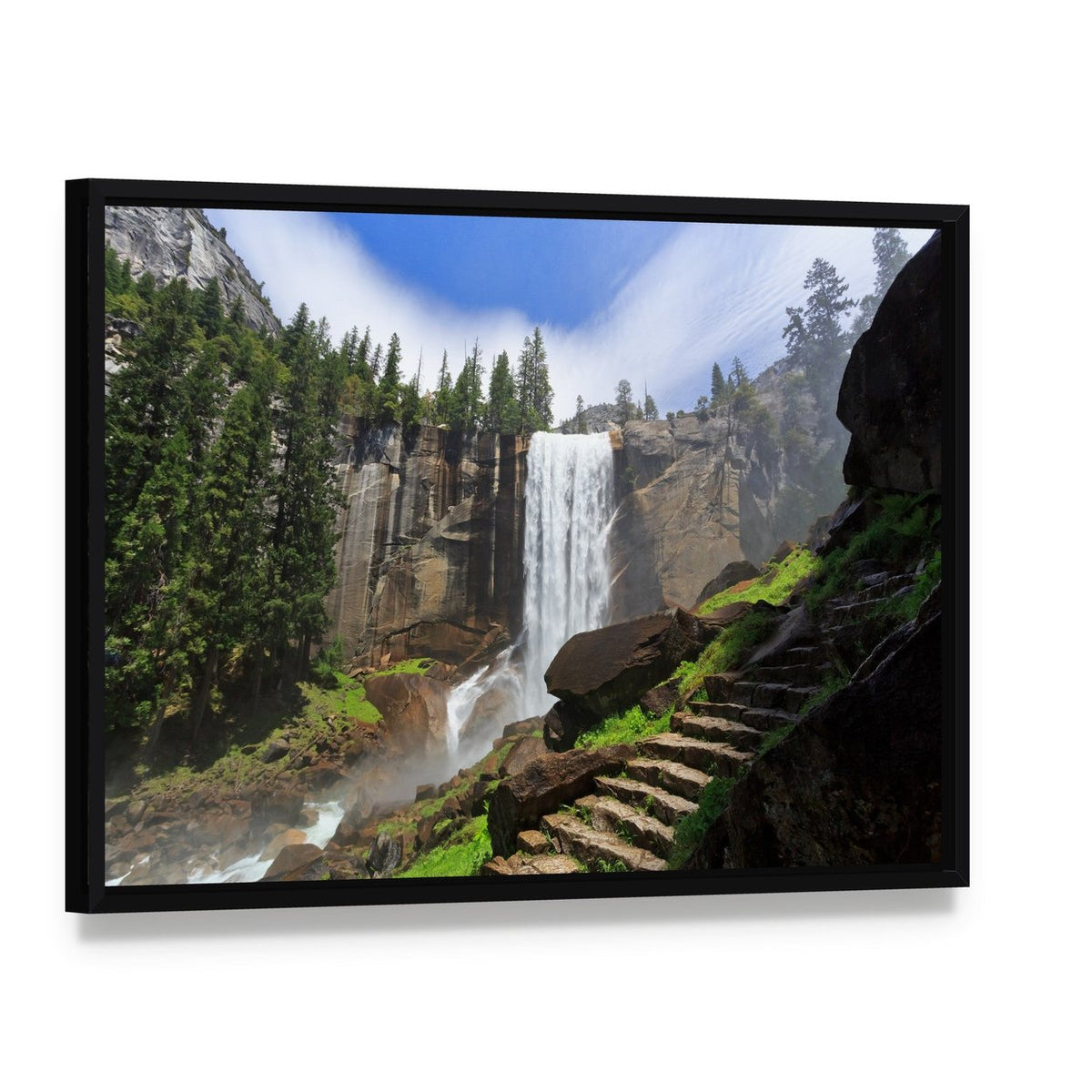 Yosemite Waterfall Amidst Greenery Canvas Wall Art, framed canvas in a black floater frame, angled product view