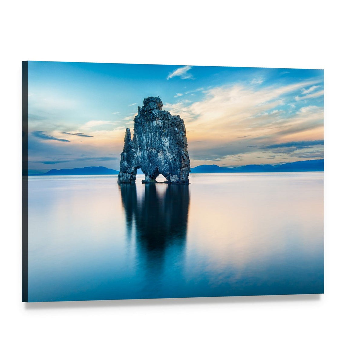 Hvitserkur Rock Formation at Sunset Canvas Wall Art, single panel gallery wrapped canvas, angled product view