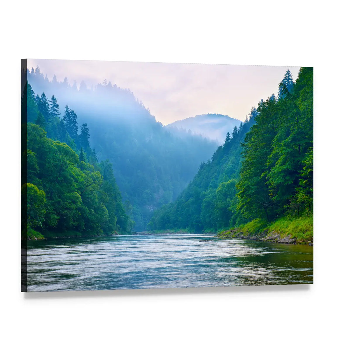 Misty Mountain River Gorge Canvas Wall Art, single panel gallery wrapped canvas, angled product view