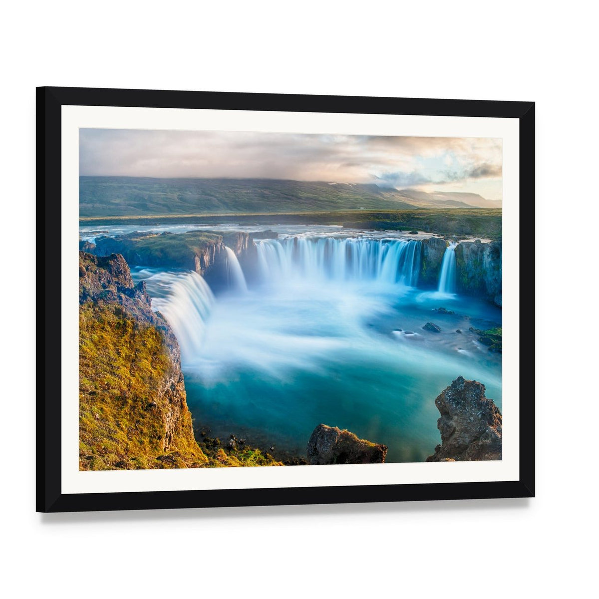 Godafoss Waterfall Iceland Canvas Wall Art, framed print with white mat and black frame, angled product view