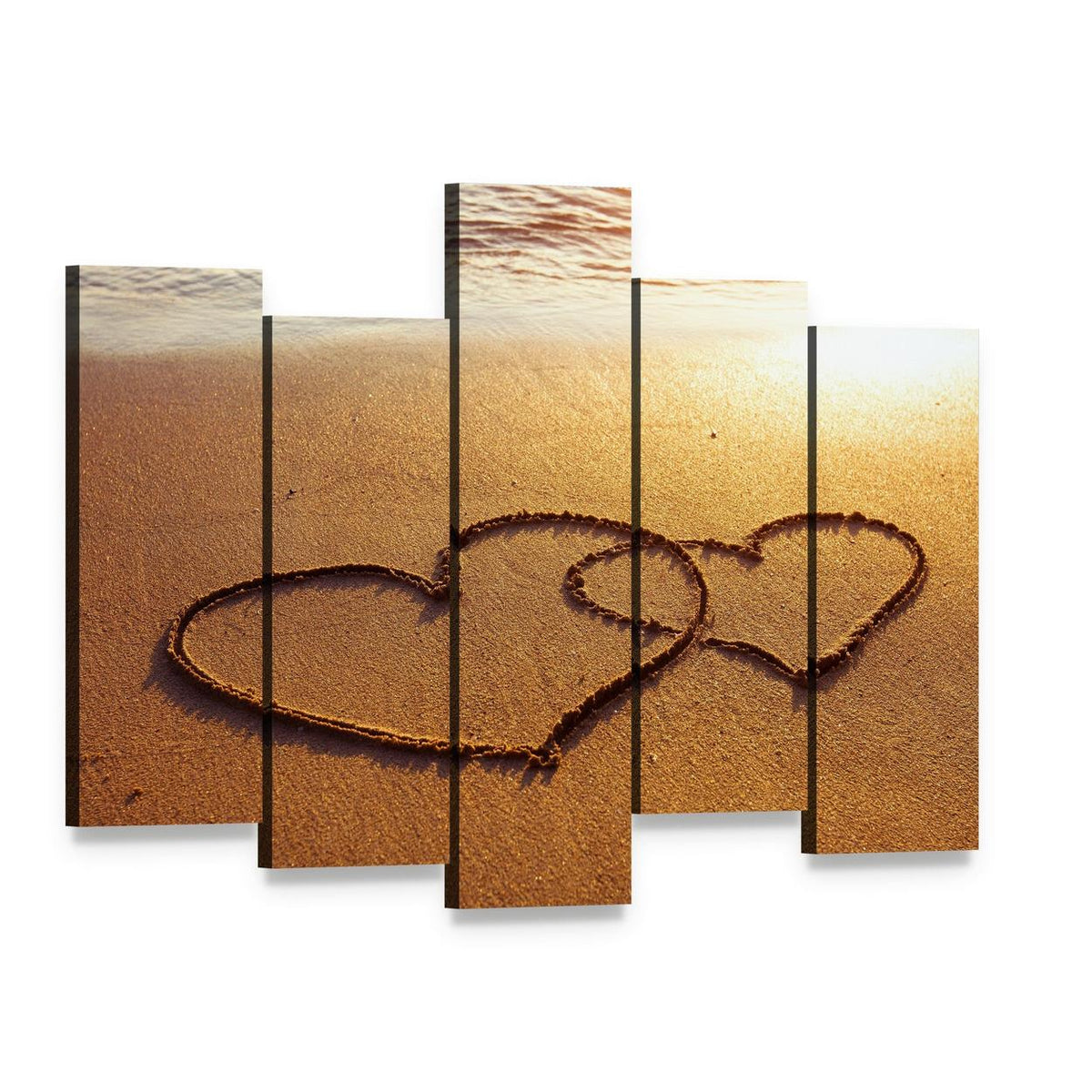 Valentine's Day Greetings on the Sand Two Hearts Canvas Wall Art, 5 panel 5 Pop layout gallery wrapped canvas set, angled product view