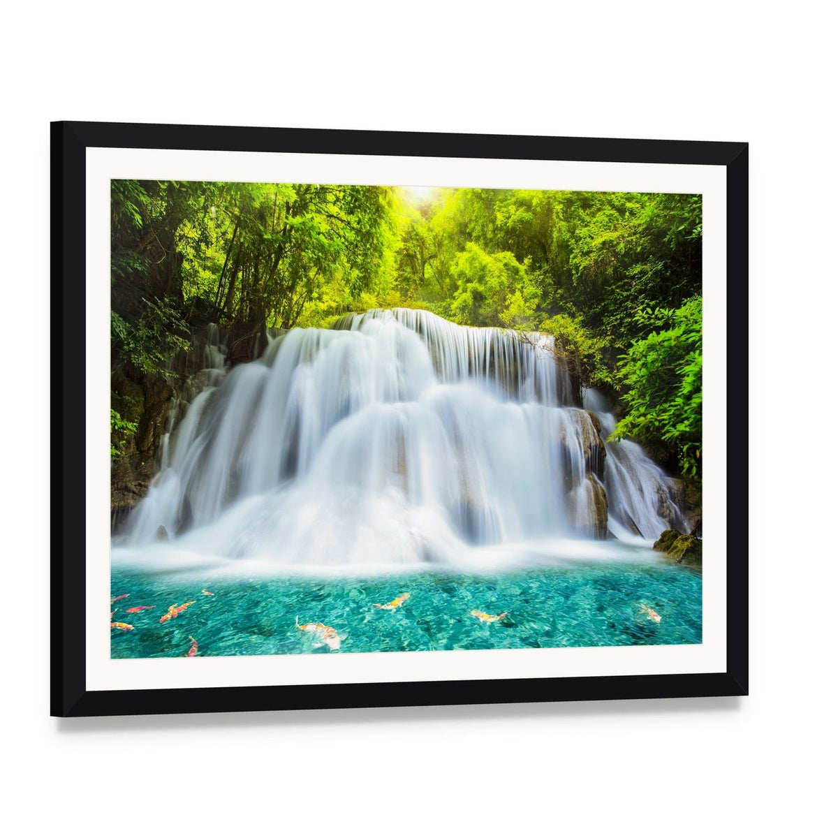 Huai Mae Kamin Waterfall in Kanchanaburi Canvas Wall Art, framed print with white mat and black frame, angled product view