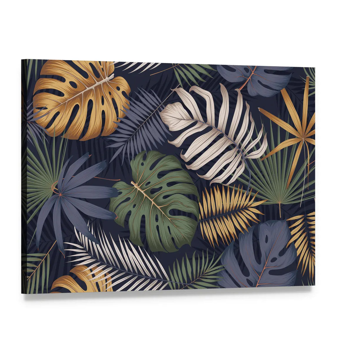 Monstera and Palm Leaf Pattern Canvas Wall Art, single panel gallery wrapped canvas, angled product view