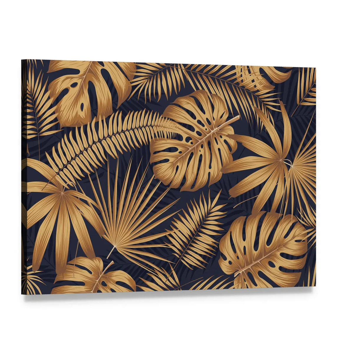 Golden Monstera and Palm Leaves Canvas Wall Art, single panel gallery wrapped canvas, angled product view