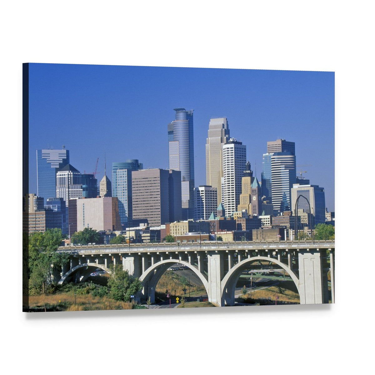 Minneapolis Skyline with Arched Bridge Canvas Wall Art, single panel gallery wrapped canvas, angled product view