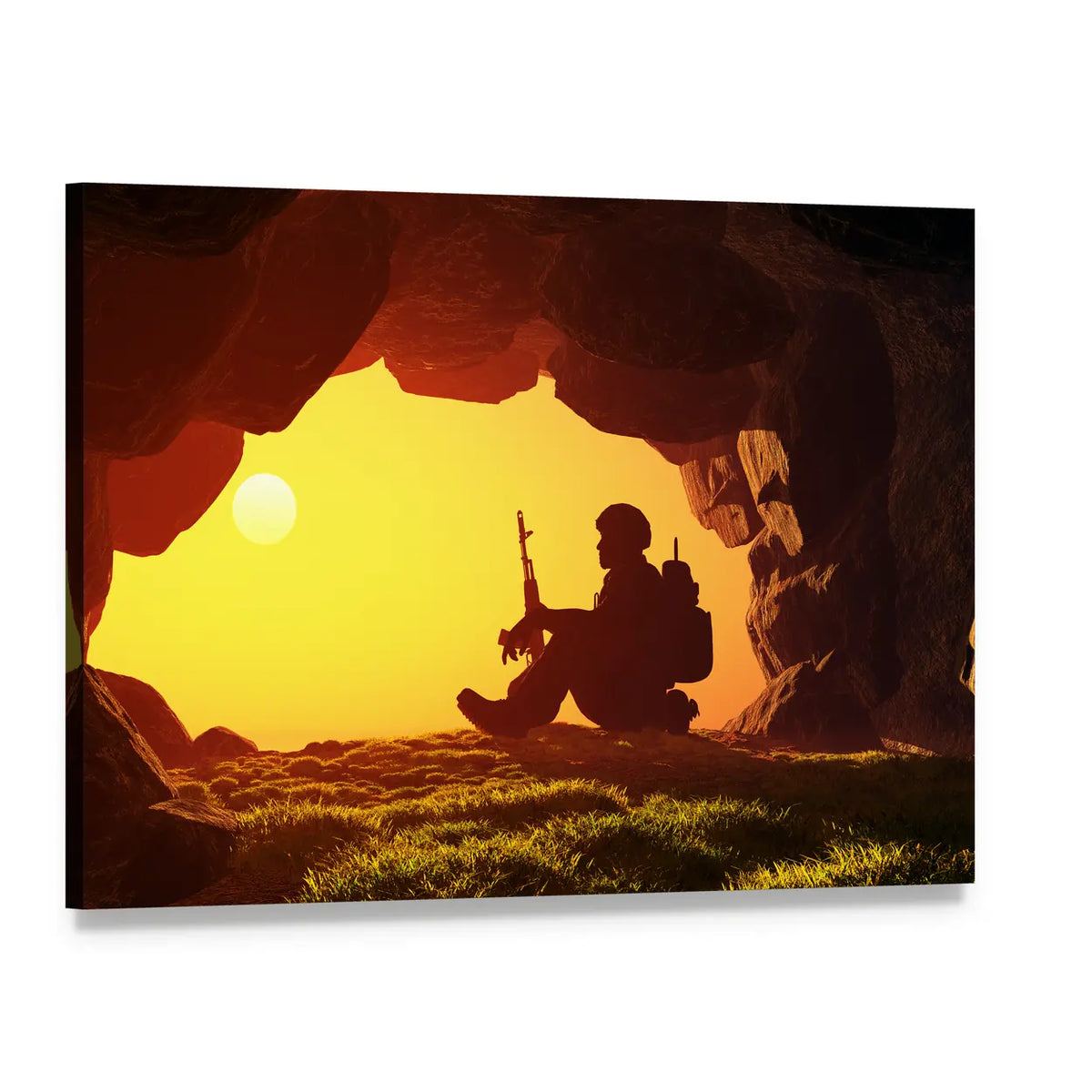 Soldier Silhouette in Cave Canvas Wall Art, single panel gallery wrapped canvas, angled product view