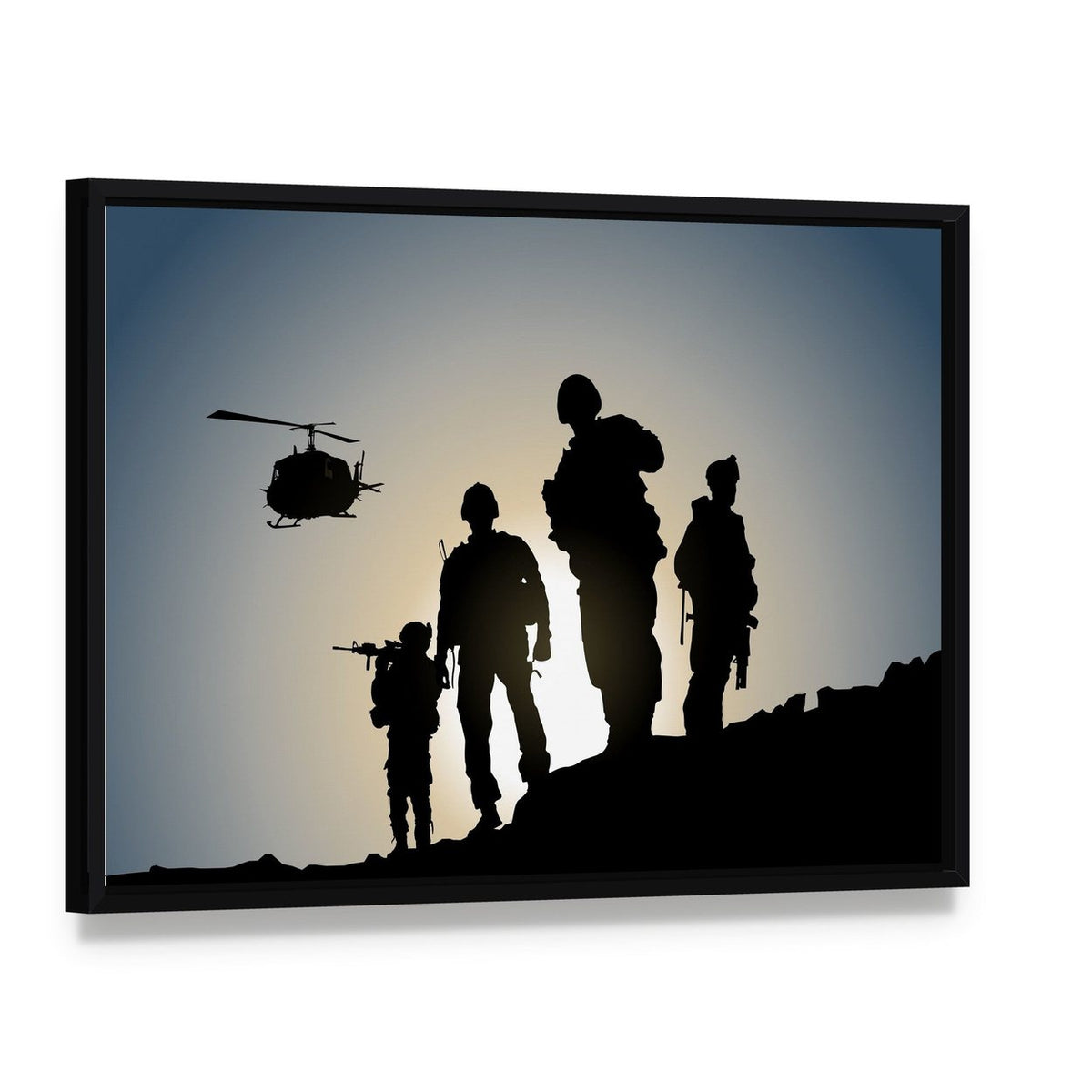 Army in Battlefield Canvas Wall Art, framed canvas in a black floater frame, angled product view