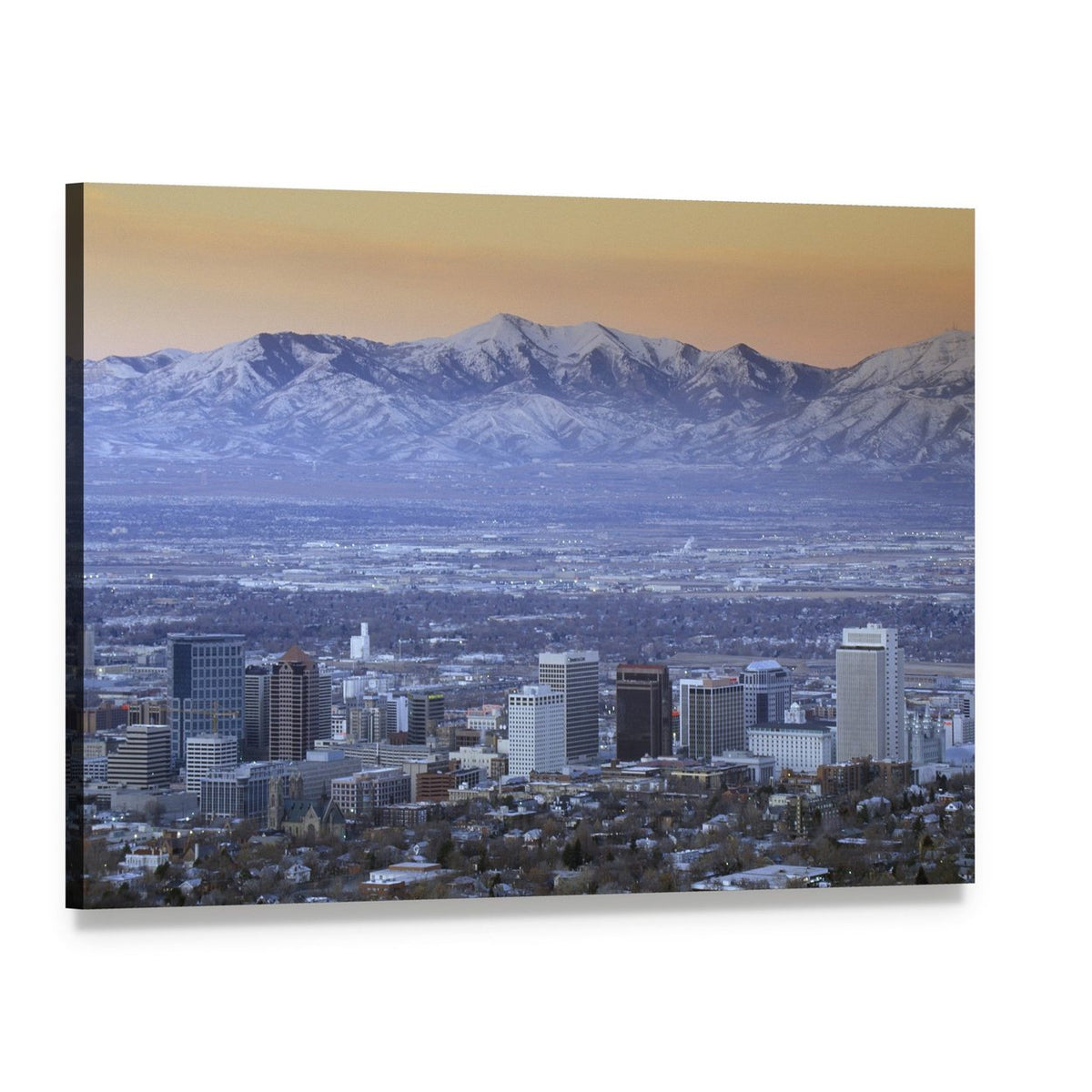 Salt Lake City Skyline with Snow-capped Mountains Canvas Wall Art, single panel gallery wrapped canvas, angled product view