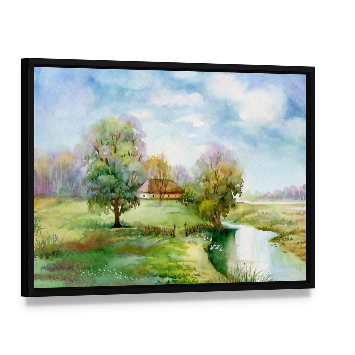 Stream Passing Through Small Village Canvas Wall Art, framed canvas in a black floater frame, angled product view
