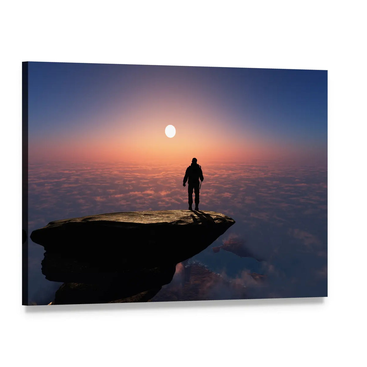 Silhouette of a Man on a Rock Canvas Wall Art, single panel gallery wrapped canvas, angled product view