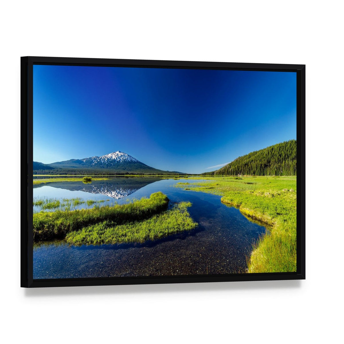 Mount Bachelor Reflected in Lake Canvas Wall Art, framed canvas in a black floater frame, angled product view
