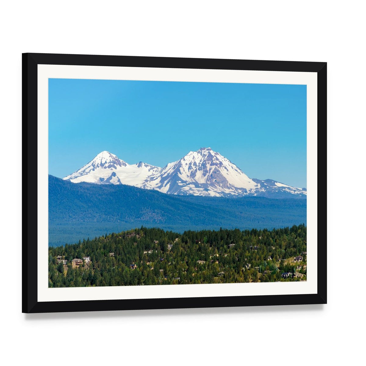 Snow Covered Three Sisters Mountains Canvas Wall Art, framed print with white mat and black frame, angled product view
