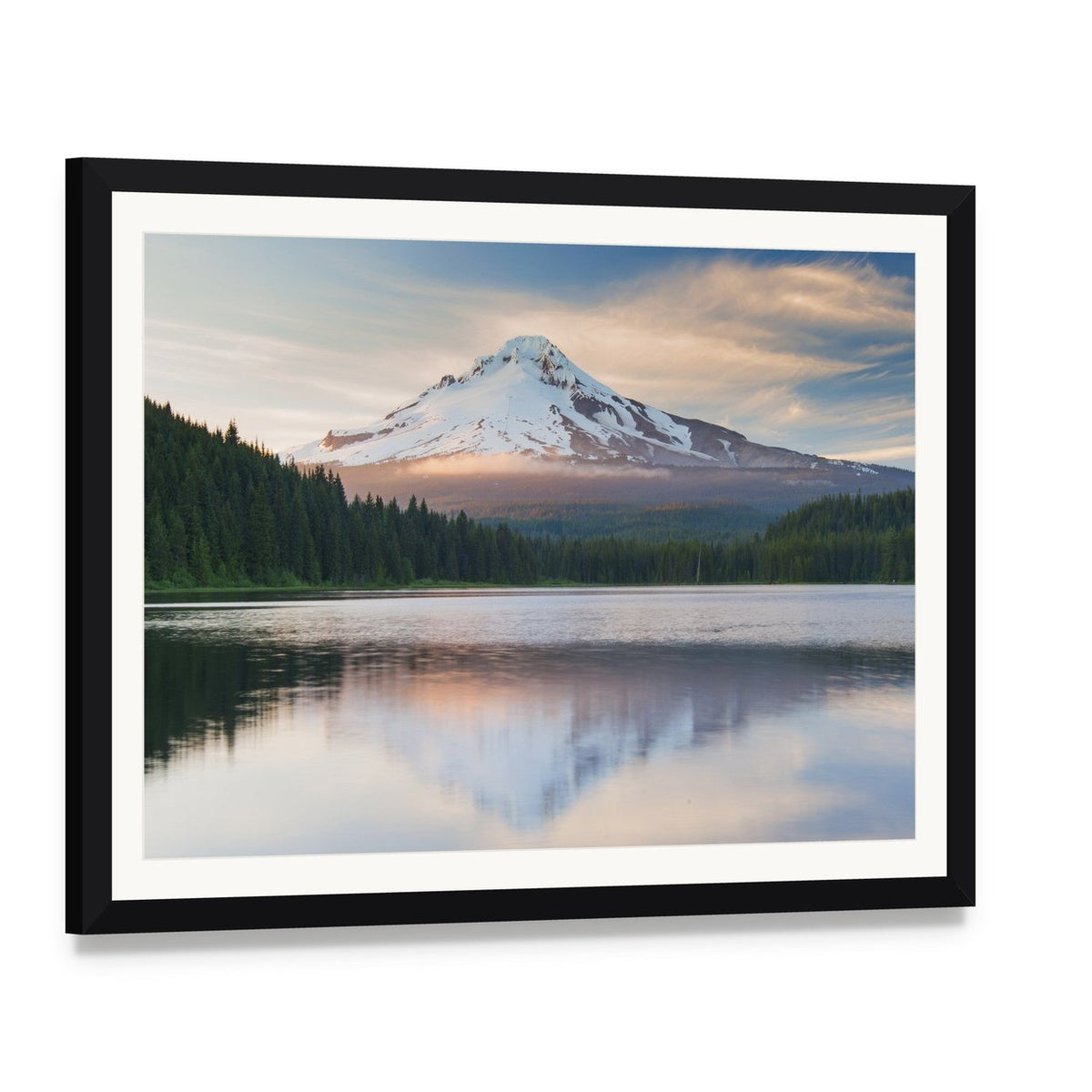 Snow-capped Volcano with Lake Reflection Canvas Wall Art, framed print with white mat and black frame, angled product view
