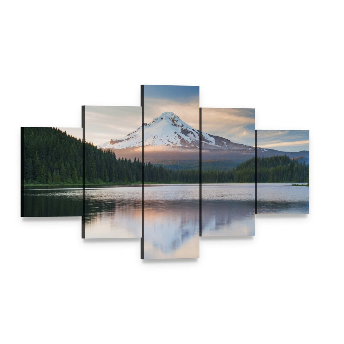 Snow-capped Volcano with Lake Reflection Canvas Wall Art, 5 panel 5 Star layout gallery wrapped canvas set, angled product view