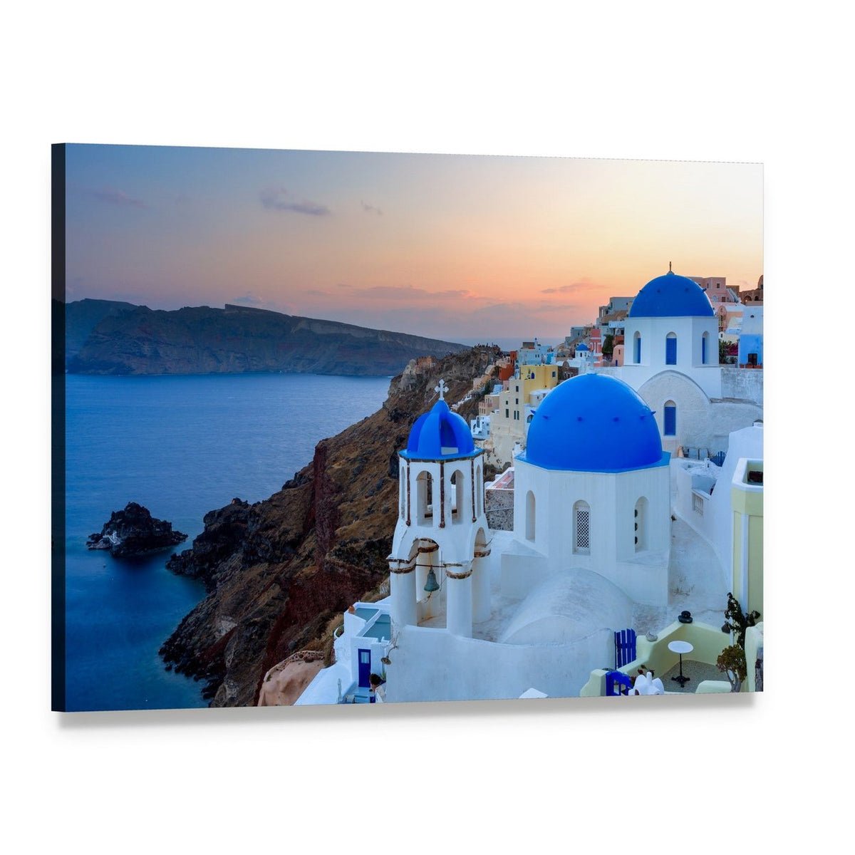 Serene Blue Domed Church in Santorini Canvas Wall Art, single panel gallery wrapped canvas, angled product view